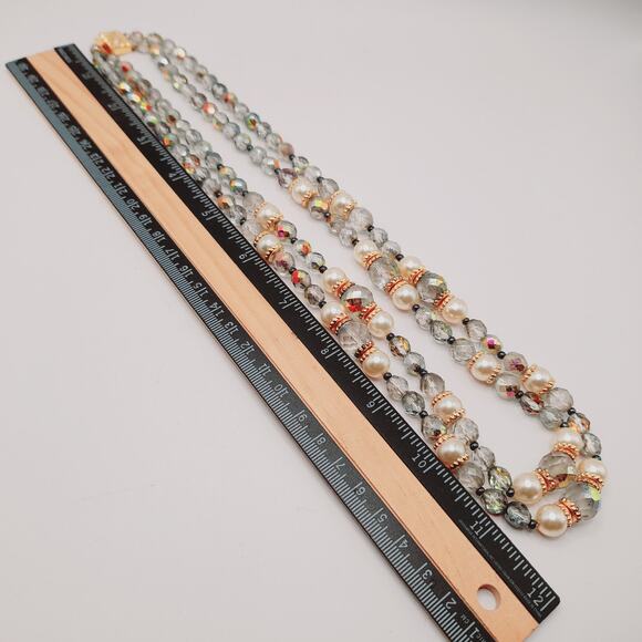 Czech Fire Polished Glass & Faux Pearl Two Strand Necklace 22 Inch Gold Tone - Picture 7 of 12
